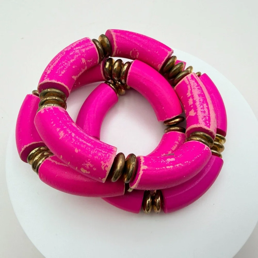 Vintage 90s Hot Pink Tube Beaded‎ Stretch Bracelet Set 3pc Gold Tone Jewelry